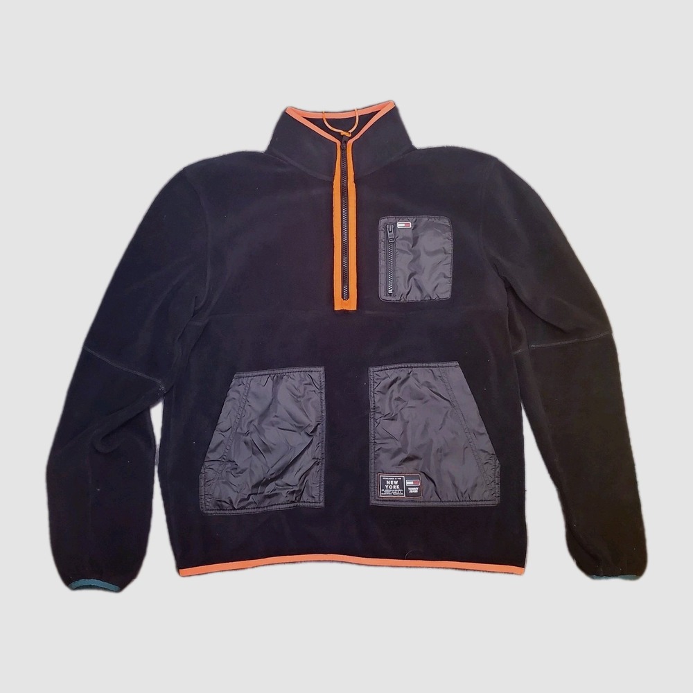 VTG Y2K Tommy Jeans 1/2 Zip Pullover Block Color Black Fleece